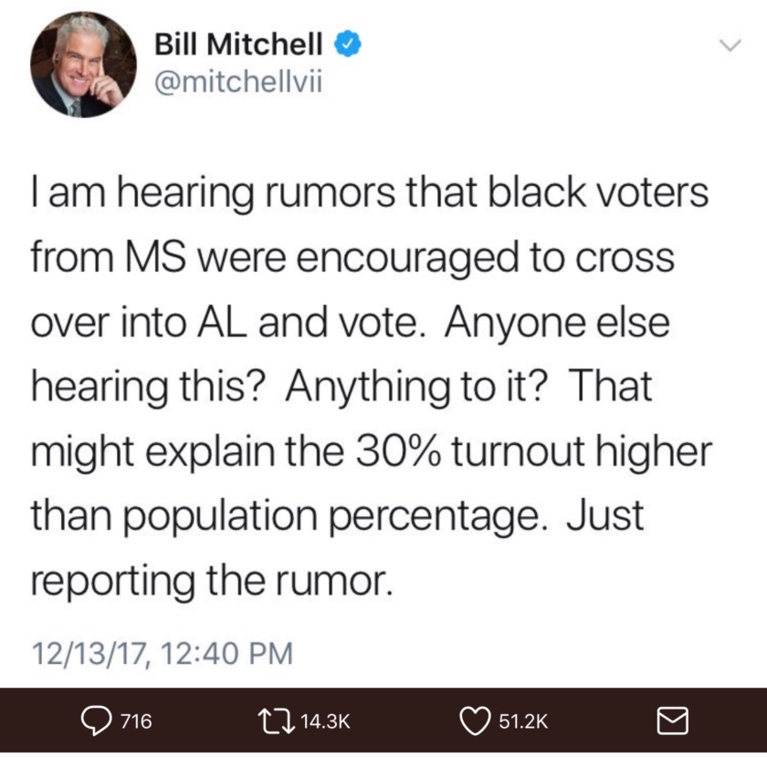 Bill Mitchell's tweet alleging voter fraud in the Alabama Senate special election